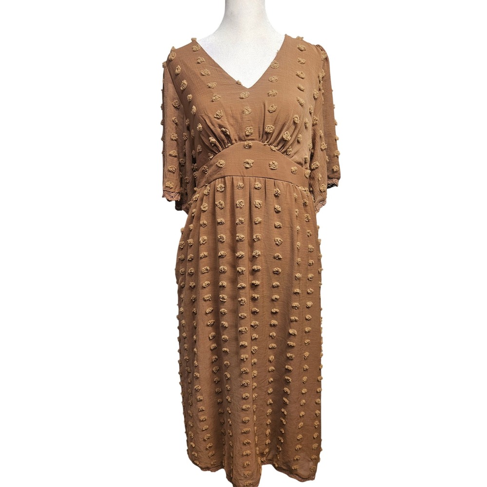 Bella Ella Boutique Brown Swiss Dot Empire Waist Midi Dress Lace Trim Womens S